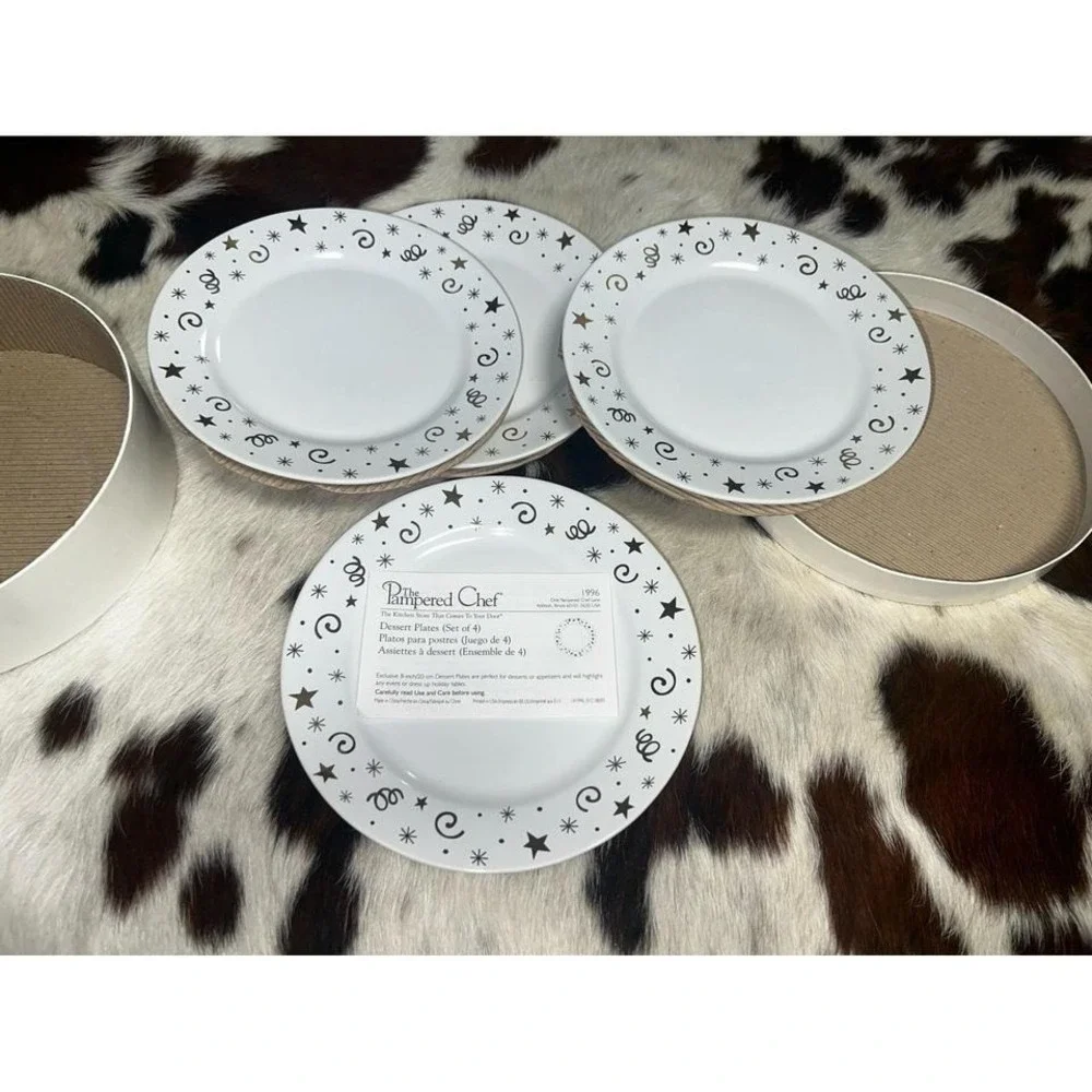 The Pampered Chef Dessert Plates Set of 4 White Black Gold Stars Excellent 8in
